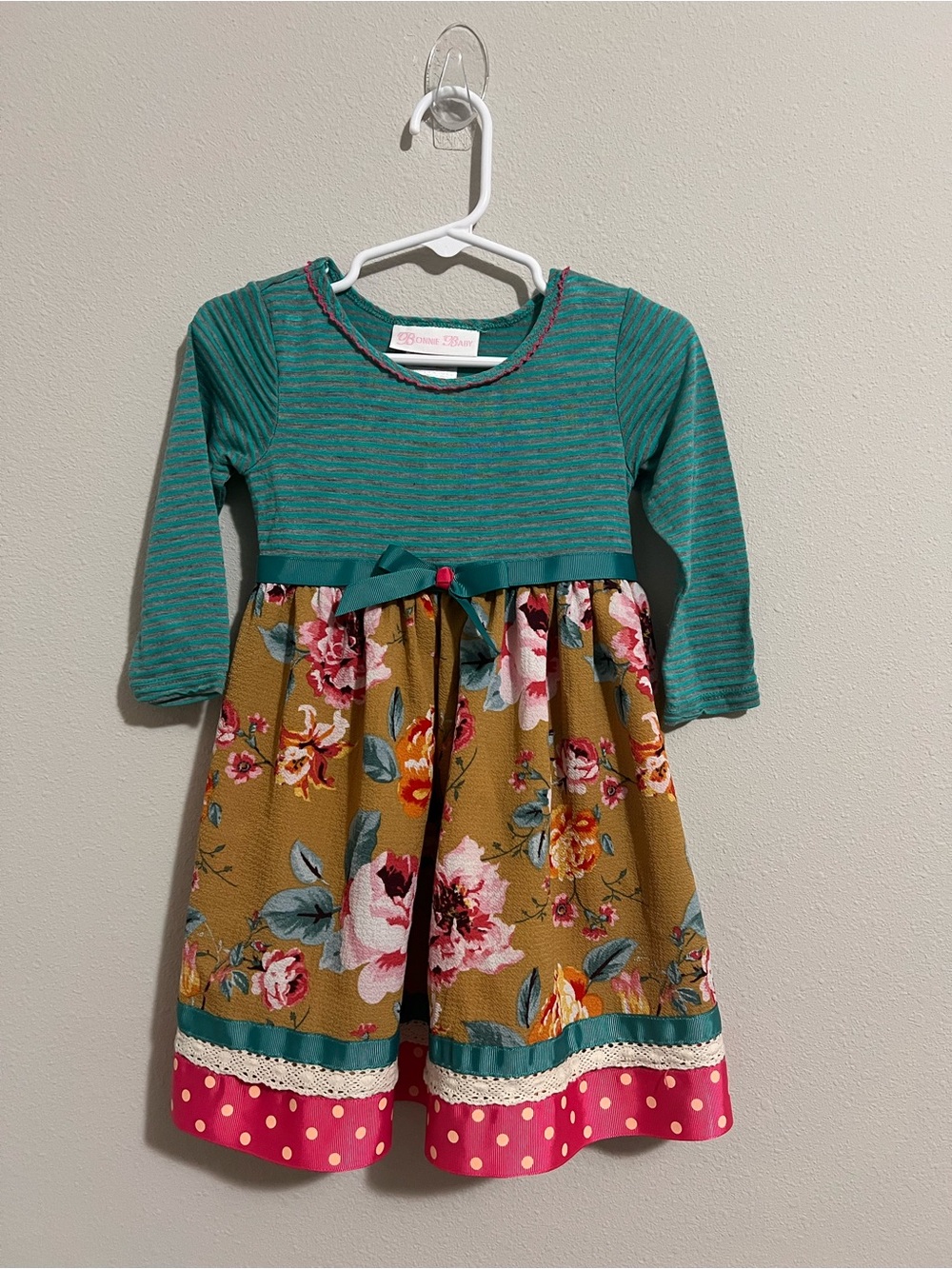 Bonnie Baby Teal & Mustard Floral Bow-Trim Dress